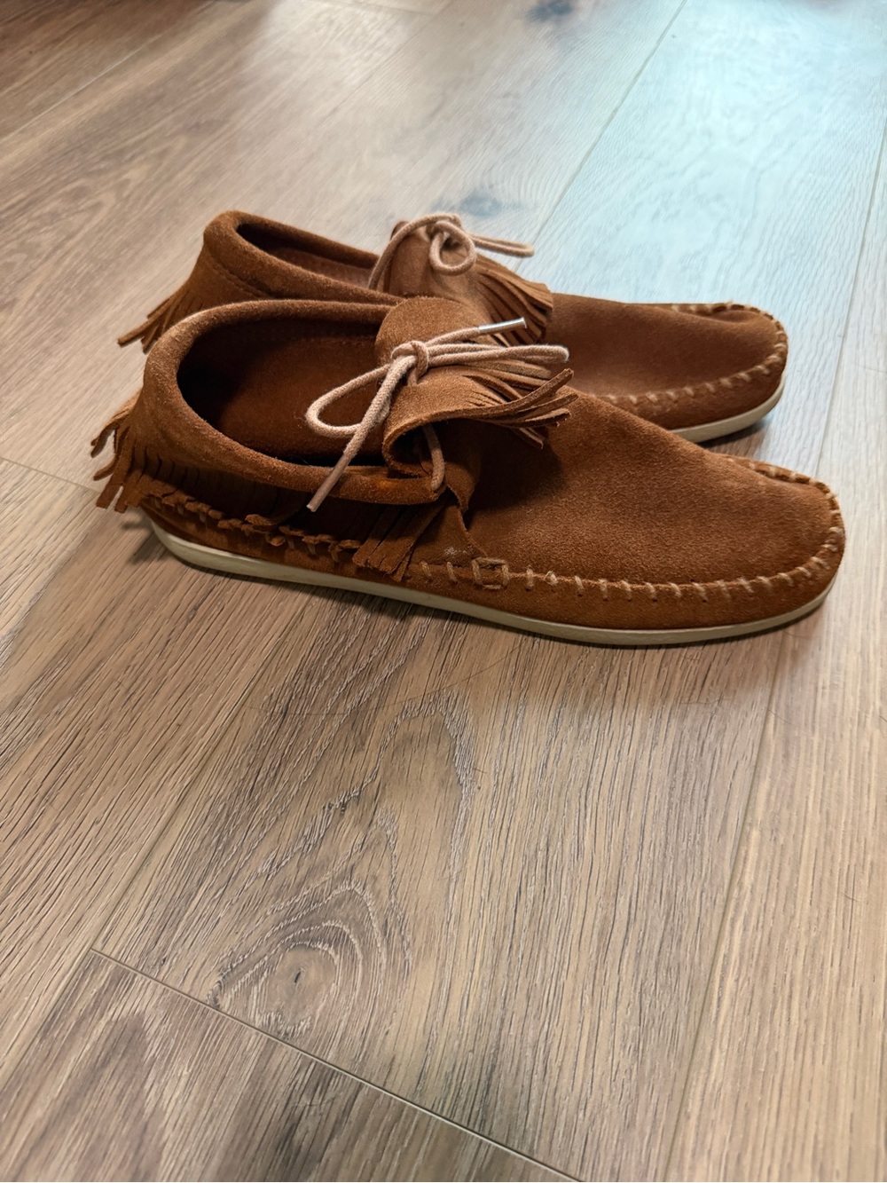 Minnetonka Women's Venice brown suede fringe moccasins size 8.5 hardsole - Picture 3 of 6